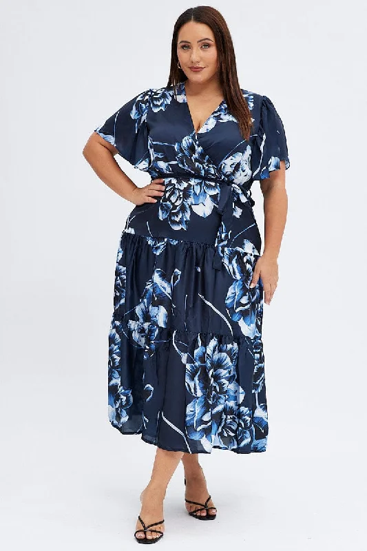 Midi dresses with animal prints for a bold and confident appearance Blue Abstract Midi Dress Cross Front Flare Sleeve Satin Midi dresses with animal prints for a bold and confident appearance Blue Abstract Midi Dress Cross Front Flare Sleeve Satin