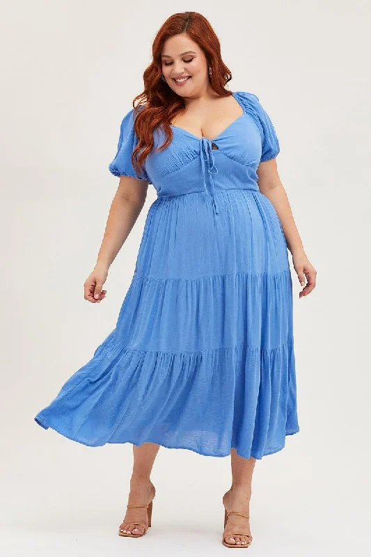 Midi dresses with ruffled hems for a romantic date night Blue Midi Skater Dress Short Sleeve Tie Front Midi dresses with ruffled hems for a romantic date night Blue Midi Skater Dress Short Sleeve Tie Front
