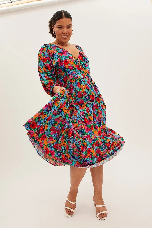 Midi dresses with cotton - blend materials for everyday comfort Multi Floral Midi Dress Button Detail Swing Half Sleeve Midi dresses with cotton - blend materials for everyday comfort Multi Floral Midi Dress Button Detail Swing Half Sleeve