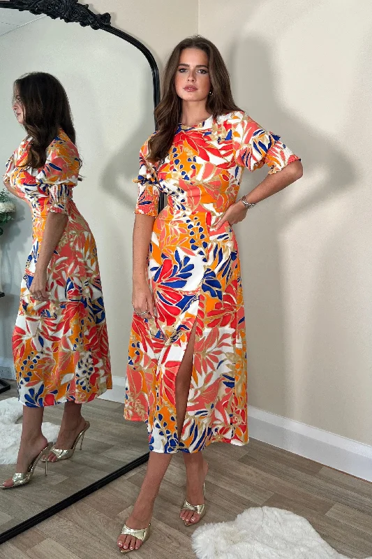 Midi dresses with empire waists for a flattering maternity option Shayla Orange Shirred Cuff Midi Dress Midi dresses with empire waists for a flattering maternity option Shayla Orange Shirred Cuff Midi Dress