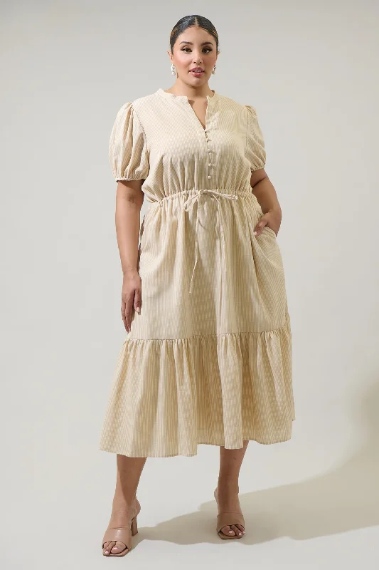 Plaid midi dresses for a fall - themed family gathering Zephyr Ticking Stripe Waist Tie Midi Curve Dress