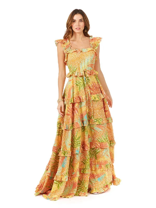 Wedding dresses with a built - in petticoat for added volume Lara Dresses 29280 Long Ruflled Printed Formal Dress Wedding dresses with a built - in petticoat for added volume Lara Dresses 29280 Long Ruflled Printed Formal Dress