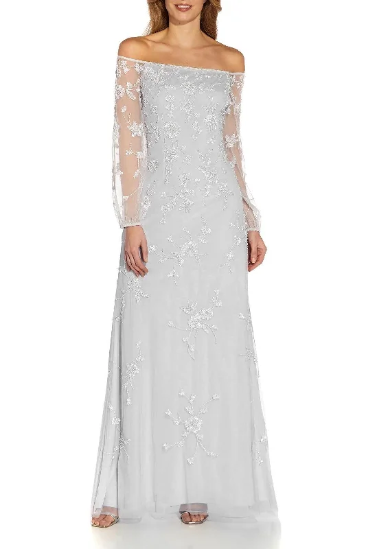 Lace - covered wedding dresses with a scalloped hem Adrianna Papell AP1E209636 Long Off Shoulder Formal Dress Lace - covered wedding dresses with a scalloped hem Adrianna Papell AP1E209636 Long Off Shoulder Formal Dress