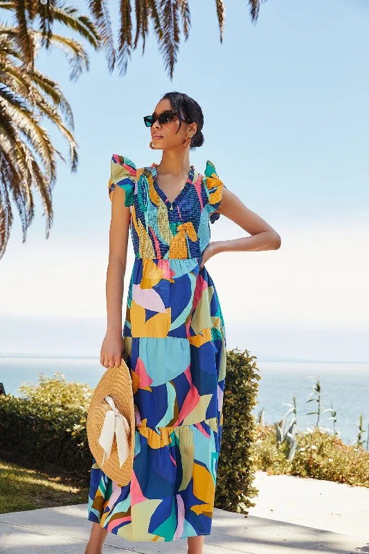Midi dresses with gathered skirts for a full and flowing silhouette Gia Abstract Sunfire Smocked Bodice Tiered Midi Dress Midi dresses with gathered skirts for a full and flowing silhouette Gia Abstract Sunfire Smocked Bodice Tiered Midi Dress