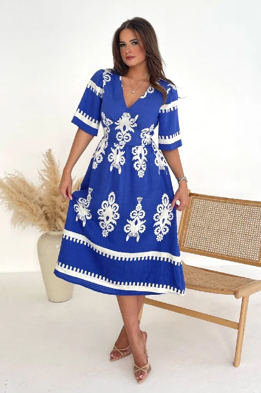 Midi dresses with gathered skirts for a full and flowing silhouette Suzanne Cobalt Boarder Midi Dress Midi dresses with gathered skirts for a full and flowing silhouette Suzanne Cobalt Boarder Midi Dress
