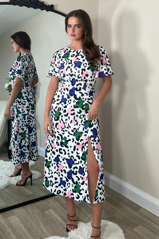 Midi dresses with puff sleeves for a vintage - inspired look Britney Mixed Pink Animal Angel Sleeve Split Leg Midi Dress Midi dresses with puff sleeves for a vintage - inspired look Britney Mixed Pink Animal Angel Sleeve Split Leg Midi Dress
