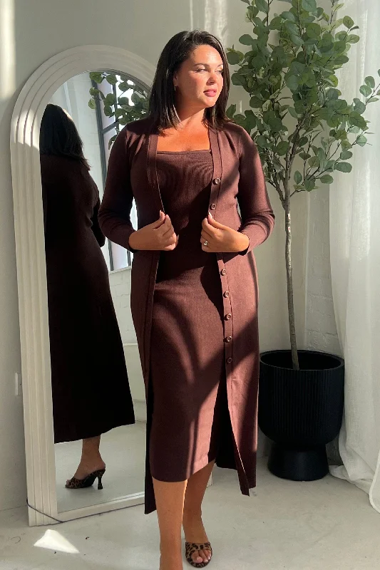 Midi dresses with fringe details for a fun and energetic style Alina Longline Cardigan Dress Brown Midi dresses with fringe details for a fun and energetic style Alina Longline Cardigan Dress Brown