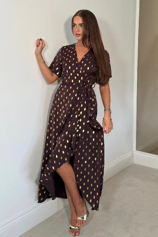 Midi dresses with puff sleeves for a vintage - inspired look Farren Split Hem Frill Detail Maxi Dress Brown Foil Midi dresses with puff sleeves for a vintage - inspired look Farren Split Hem Frill Detail Maxi Dress Brown Foil