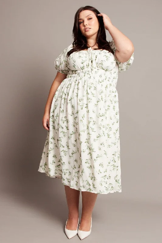 Midi dresses with patchwork patterns for a one - of - a - kind style Green Ditsy Midi Dress Short Sleeve Ruched Bust Midi dresses with patchwork patterns for a one - of - a - kind style Green Ditsy Midi Dress Short Sleeve Ruched Bust