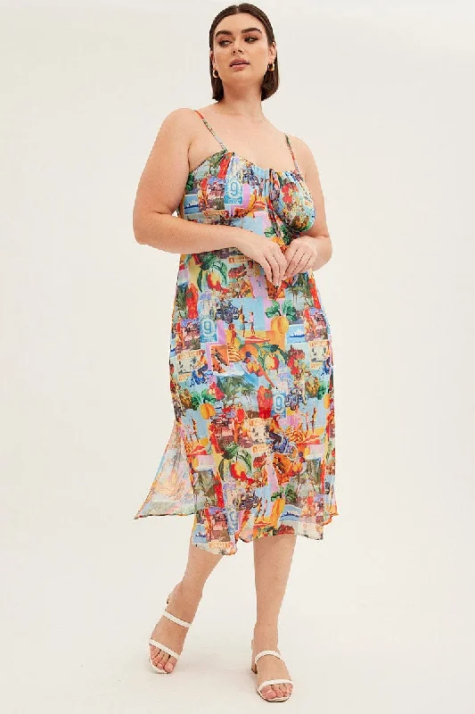 Midi dresses with pom - pom trims for a playful and festive look Print Midi Dress Tie Front Postcard Mesh Midi dresses with pom - pom trims for a playful and festive look Print Midi Dress Tie Front Postcard Mesh