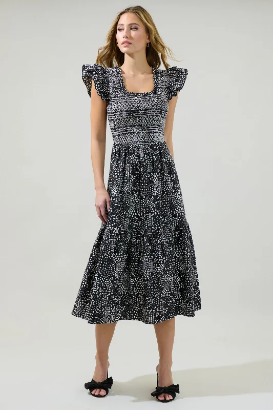 Sheath midi dresses with beaded embellishments for a formal occasion Larsa Onyx Geometric Wendy Smocked Midi Dress Sheath midi dresses with beaded embellishments for a formal occasion Larsa Onyx Geometric Wendy Smocked Midi Dress
