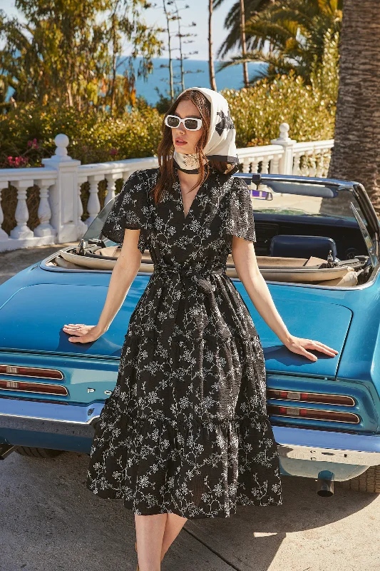 Midi dresses with V - necklines for a flattering and elongating effect Patricia Floral Noelle Split Neck Poplin Tiered Midi Dress Midi dresses with V - necklines for a flattering and elongating effect Patricia Floral Noelle Split Neck Poplin Tiered Midi Dress