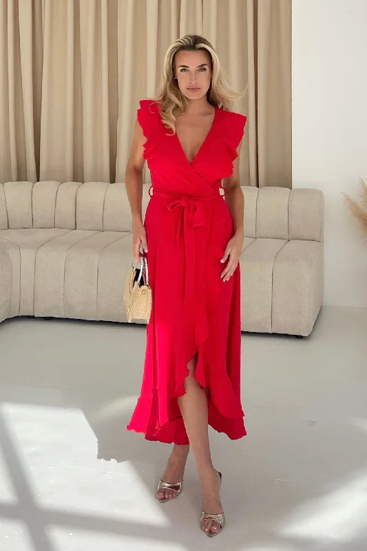 Midi dresses with embroidered accents for a unique and detailed design Diana Frill Wrap Midi Dress Red Midi dresses with embroidered accents for a unique and detailed design Diana Frill Wrap Midi Dress Red