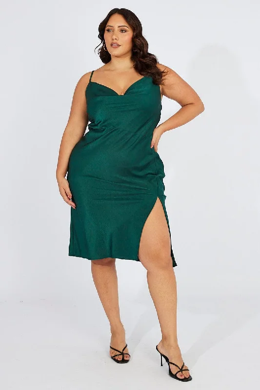 Midi dresses with ruffled bodices for a more pronounced feminine look Blue Cowl Midi Dress Satin Front Split Midi dresses with ruffled bodices for a more pronounced feminine look Blue Cowl Midi Dress Satin Front Split