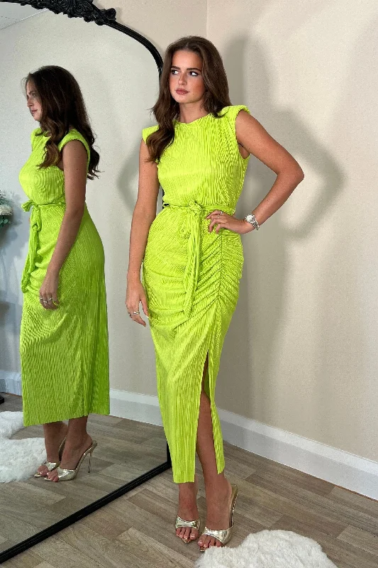 Midi dresses with patchwork patterns for a one - of - a - kind style Elena Ruched Seamed Midi Dress Lime Midi dresses with patchwork patterns for a one - of - a - kind style Elena Ruched Seamed Midi Dress Lime