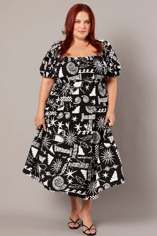 Midi dresses with button - down skirts for a unique and functional design Black Abstract Midi Dress Short Sleeve Shirred Linen Blend Midi dresses with button - down skirts for a unique and functional design Black Abstract Midi Dress Short Sleeve Shirred Linen Blend