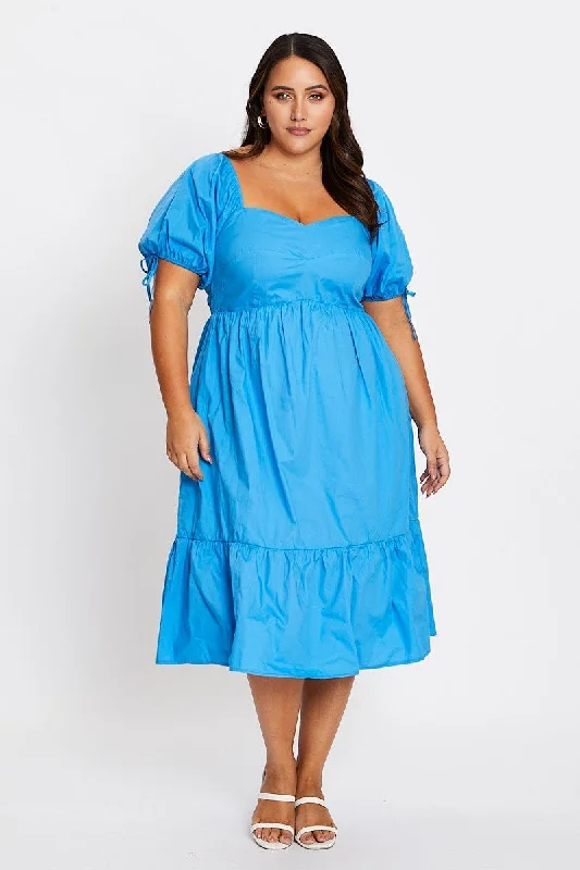 A - line midi dresses with floral prints for spring brunches Mid Blue Short Puff Sleeve Blue Bust Detail Dress A - line midi dresses with floral prints for spring brunches Mid Blue Short Puff Sleeve Blue Bust Detail Dress