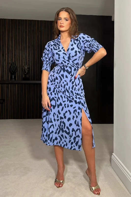 Midi dresses with lace - up fronts for a unique and adjustable style Katherin Blue Animal Collared Midi Dress Midi dresses with lace - up fronts for a unique and adjustable style Katherin Blue Animal Collared Midi Dress