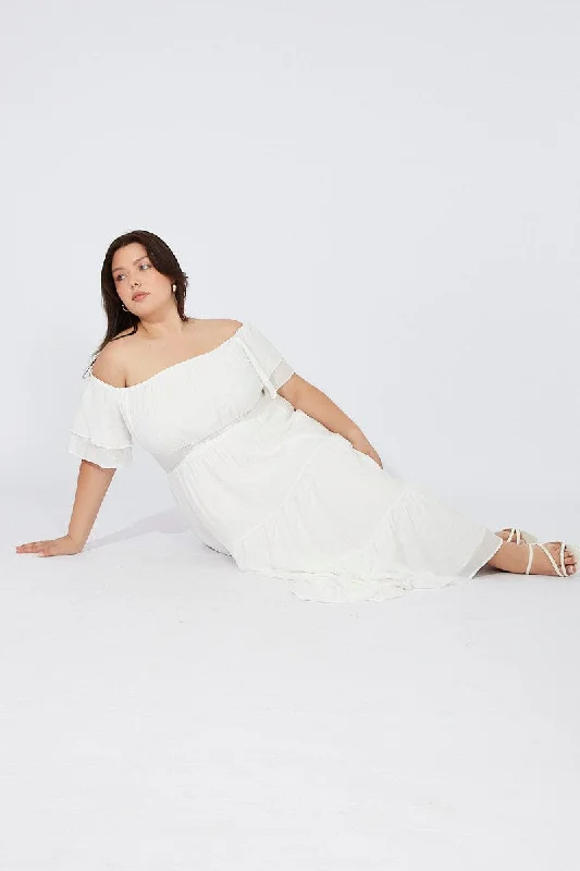 Midi dresses with polka dot prints for a playful summer outfit White Off Shoulder Layer Midi Dress Midi dresses with polka dot prints for a playful summer outfit White Off Shoulder Layer Midi Dress