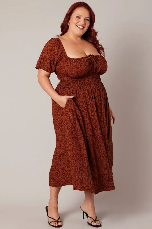 Midi dresses with button - down skirts for a unique and functional design Brown Geo Midi Dress Short Sleeve Ruched Bust Midi dresses with button - down skirts for a unique and functional design Brown Geo Midi Dress Short Sleeve Ruched Bust