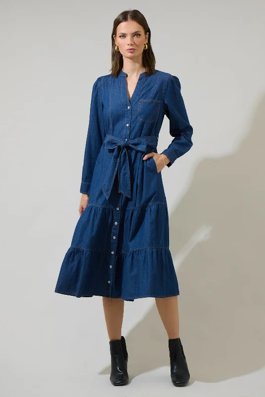 Midi dresses with abstract art prints for an artistic statement Skylah Denim Tiered Midi Dress Midi dresses with abstract art prints for an artistic statement Skylah Denim Tiered Midi Dress