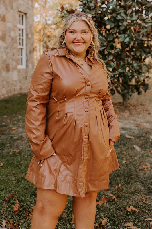 Mini dresses with abstract prints for an artistic look Mostly Amused Faux Leather Dress in Camel Curves