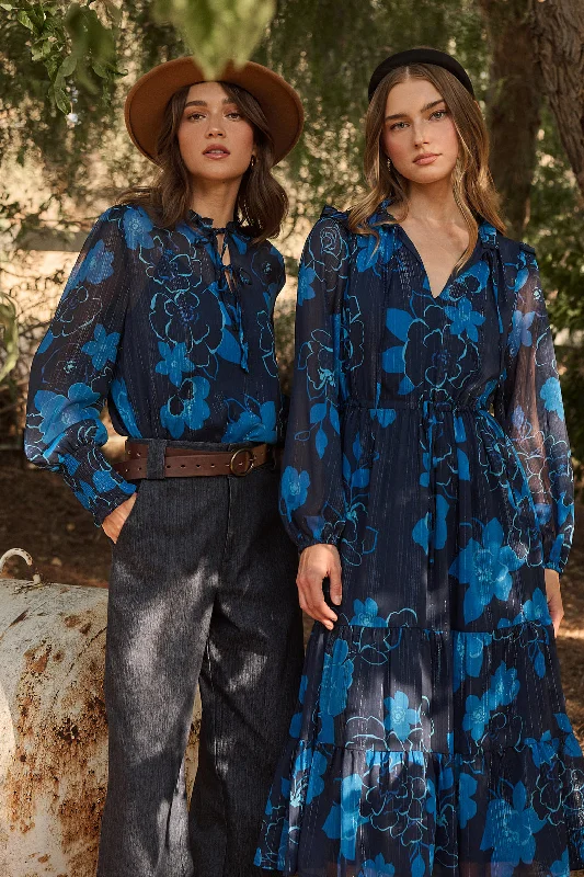 Midi dresses with puff sleeves for a vintage - inspired look Bluford Floral Kristen Tiered Midi Dress Midi dresses with puff sleeves for a vintage - inspired look Bluford Floral Kristen Tiered Midi Dress