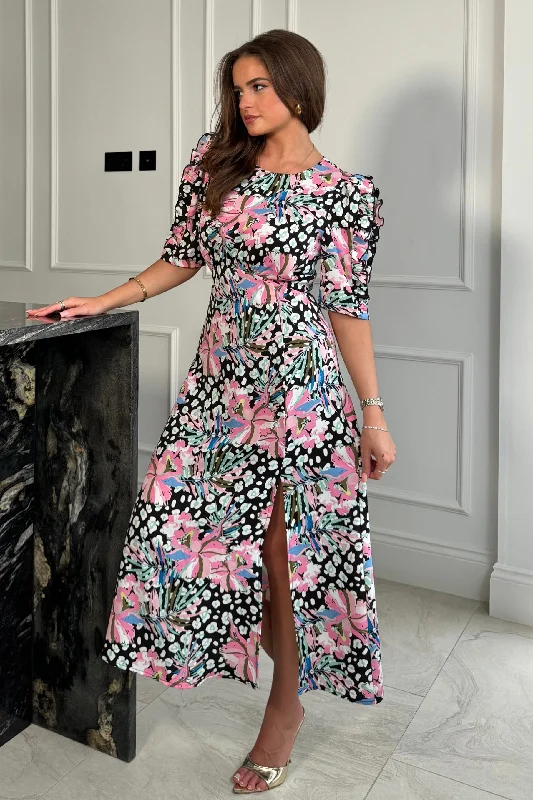 Midi dresses with asymmetric hems for a fashion - forward and dynamic appearance Samira Black Pink Floral Frill Sleeve Midi Dress Midi dresses with asymmetric hems for a fashion - forward and dynamic appearance Samira Black Pink Floral Frill Sleeve Midi Dress