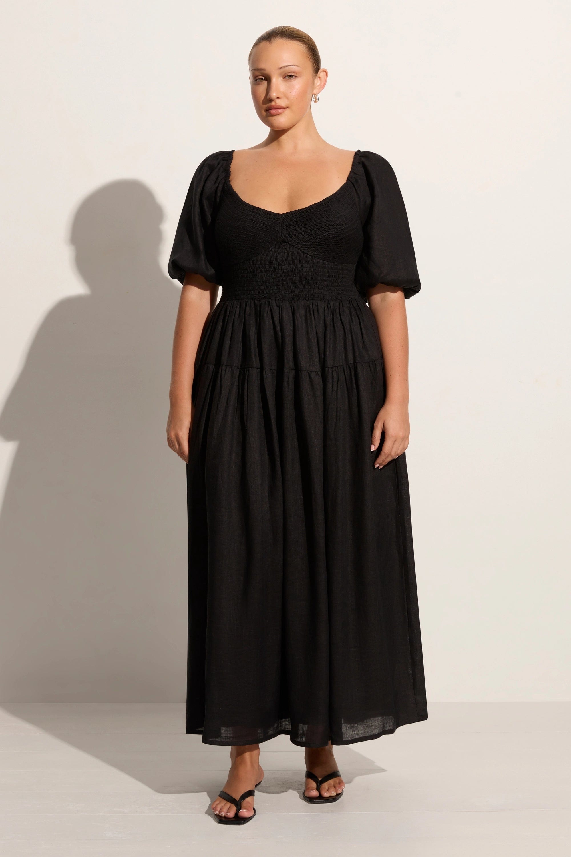 Midi dresses with ruched sleeves for a more fitted and stylish arm look Rosarico Midi Dress Black - Final Sale Midi dresses with ruched sleeves for a more fitted and stylish arm look Rosarico Midi Dress Black - Final Sale