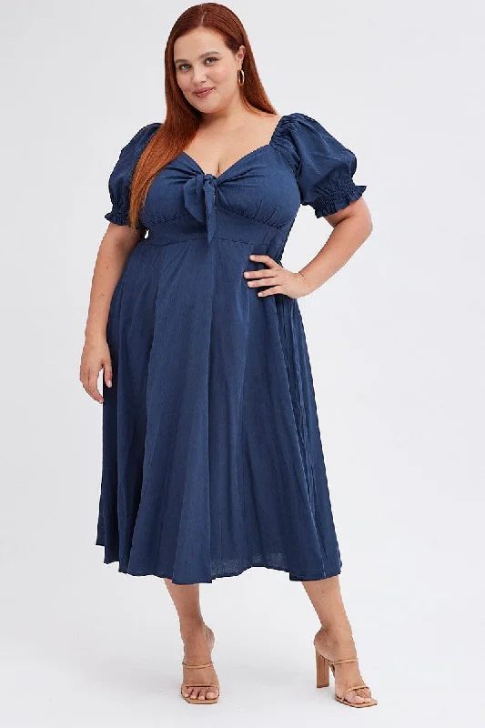 Midi dresses with V - necklines for a flattering and elongating effect Blue Tie Front Button Midi Dress Midi dresses with V - necklines for a flattering and elongating effect Blue Tie Front Button Midi Dress