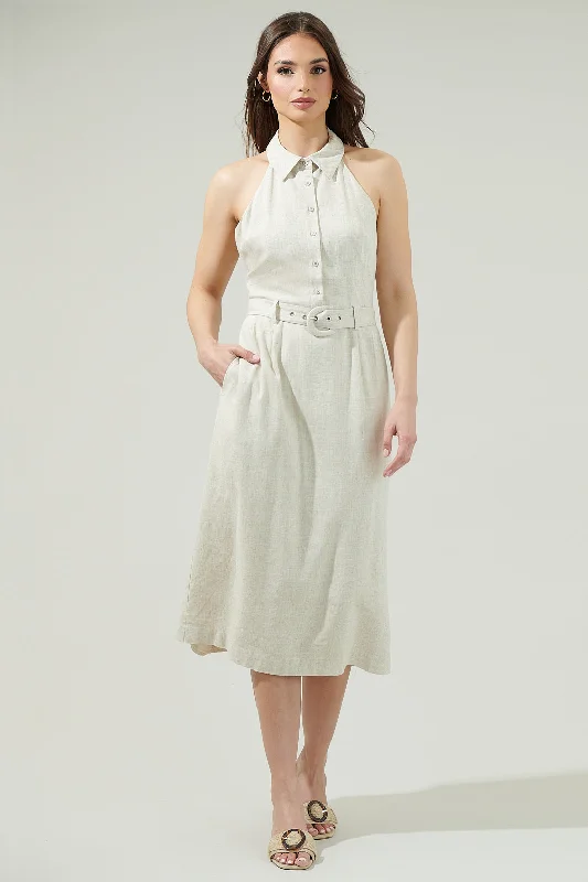Maxi - inspired midi dresses with flowing fabrics for a beachy vibe Rina Linen Halter Midi Dress Maxi - inspired midi dresses with flowing fabrics for a beachy vibe Rina Linen Halter Midi Dress