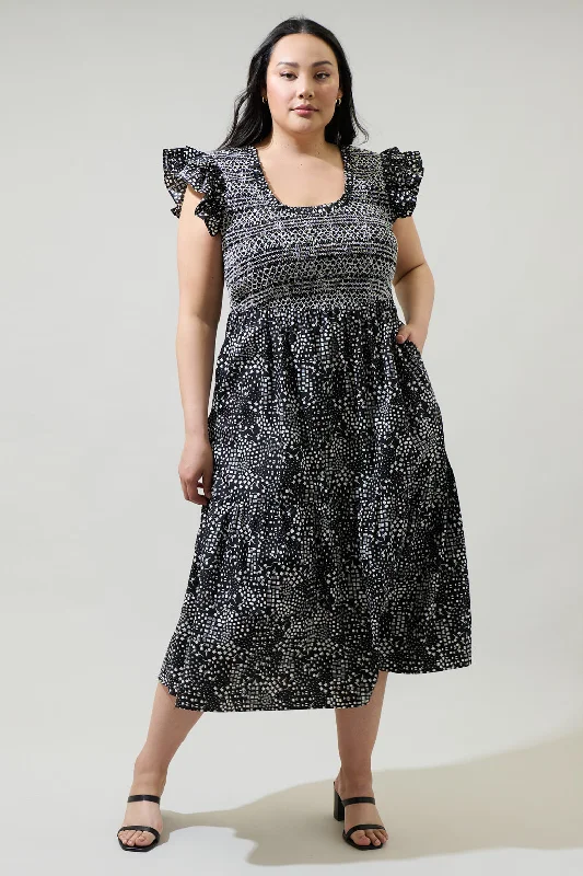 Midi dresses with empire waists for a flattering maternity option Larsa Onyx Geometric Wendy Smocked Midi Dress Curve Midi dresses with empire waists for a flattering maternity option Larsa Onyx Geometric Wendy Smocked Midi Dress Curve