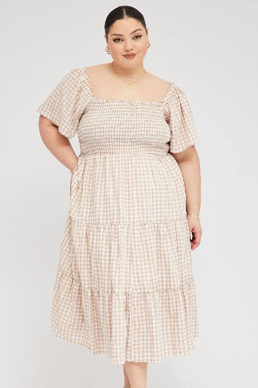 A - line midi dresses with floral prints for spring brunches Beige Check Midi Dress Short Sleeve Shirred A - line midi dresses with floral prints for spring brunches Beige Check Midi Dress Short Sleeve Shirred