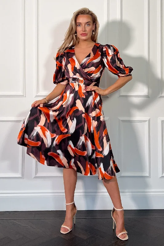 Midi dresses with animal prints for a bold and confident appearance Nadine Orange Splash Wrap Detail Midi Dress Midi dresses with animal prints for a bold and confident appearance Nadine Orange Splash Wrap Detail Midi Dress