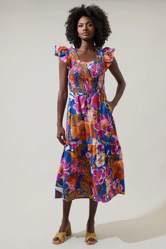 Midi dresses with embroidered accents for a unique and detailed design Eveline Floral Giza Glare Smock Tiered Midi Dress Midi dresses with embroidered accents for a unique and detailed design Eveline Floral Giza Glare Smock Tiered Midi Dress