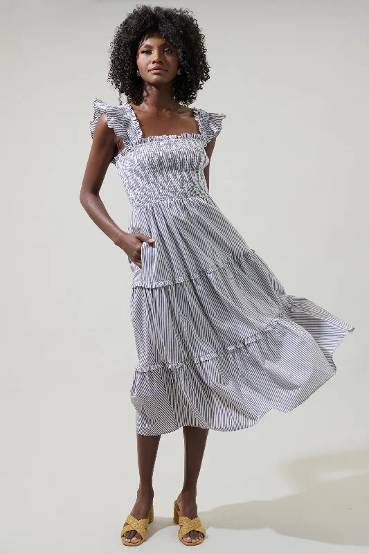 Sheath midi dresses with beaded embellishments for a formal occasion Katie Striped Smocked Bodice Midi Dress Sheath midi dresses with beaded embellishments for a formal occasion Katie Striped Smocked Bodice Midi Dress