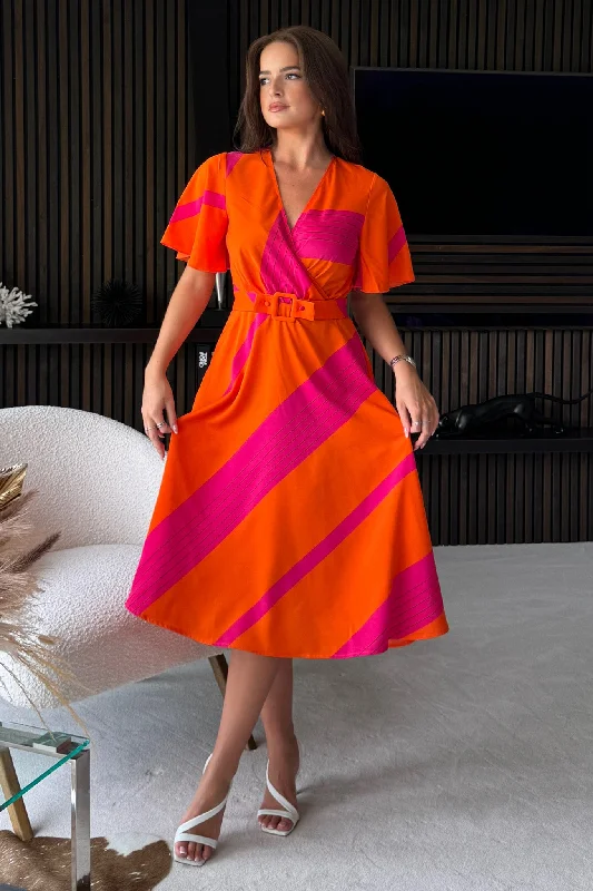 Midi dresses with denim fabric for a casual yet stylish day out Nadine Orange Stripe Wrap Detail Midi Dress Midi dresses with denim fabric for a casual yet stylish day out Nadine Orange Stripe Wrap Detail Midi Dress
