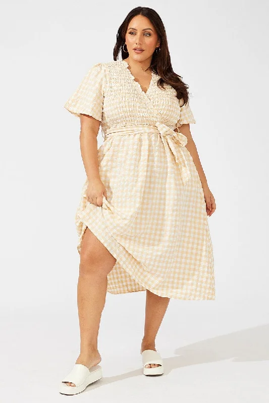 Midi dresses with printed lining for a hidden and stylish detail Beige Check Gingham Wrapover Shirred Front Midi Dress Midi dresses with printed lining for a hidden and stylish detail Beige Check Gingham Wrapover Shirred Front Midi Dress