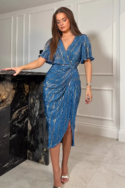 Midi dresses with button - front designs for a classic touch Isla Ink Blue & Gold Metallic Midi Dress Midi dresses with button - front designs for a classic touch Isla Ink Blue & Gold Metallic Midi Dress