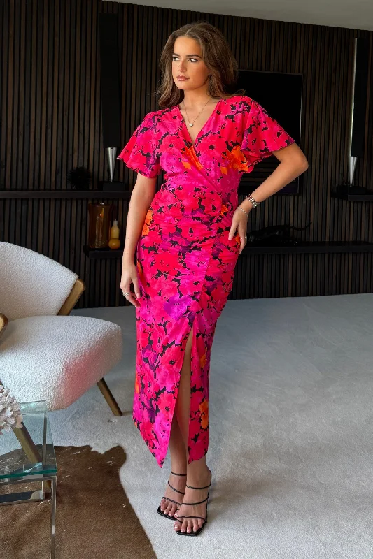 Midi dresses with fringe details for a fun and energetic style Priscilla Wrap Over Ruched Detail Midi Dress Pink Floral Midi dresses with fringe details for a fun and energetic style Priscilla Wrap Over Ruched Detail Midi Dress Pink Floral