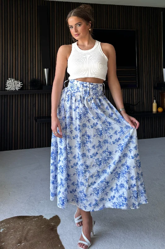 Midi dresses with satin - finish fabrics for a luxurious feel Beatrice Belted Midi Skirt Blue Print Midi dresses with satin - finish fabrics for a luxurious feel Beatrice Belted Midi Skirt Blue Print