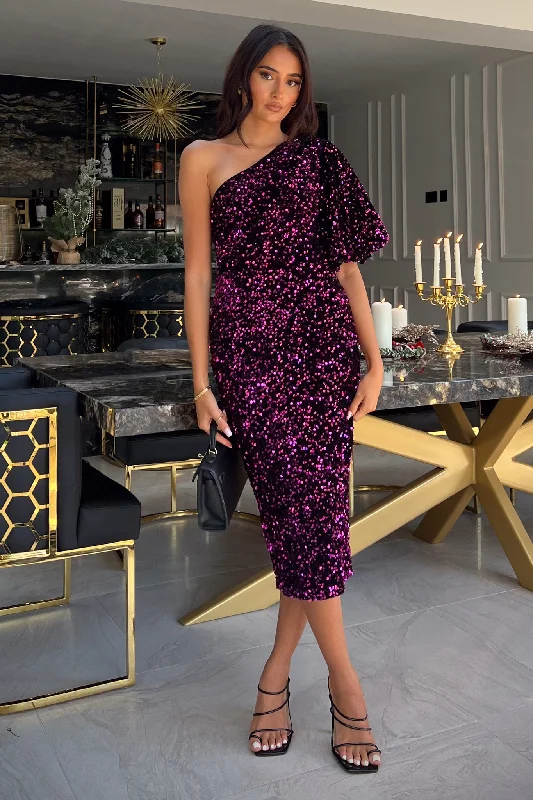 Midi dresses with button - down skirts for a unique and functional design Willow Purple Velvet Sequin One Shoulder Midi Dress Midi dresses with button - down skirts for a unique and functional design Willow Purple Velvet Sequin One Shoulder Midi Dress