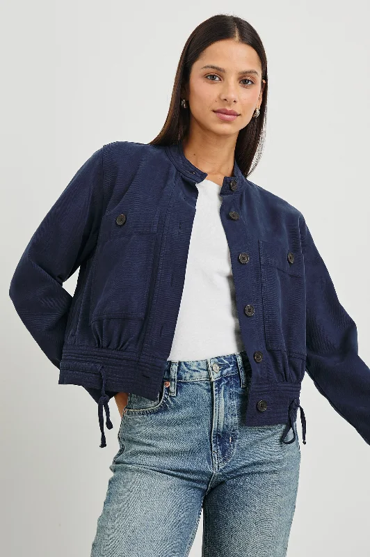 Women's bomber jackets with floral embroidery for a feminine and unique design ALMA JACKET - NAVY Women's bomber jackets with floral embroidery for a feminine and unique design ALMA JACKET - NAVY