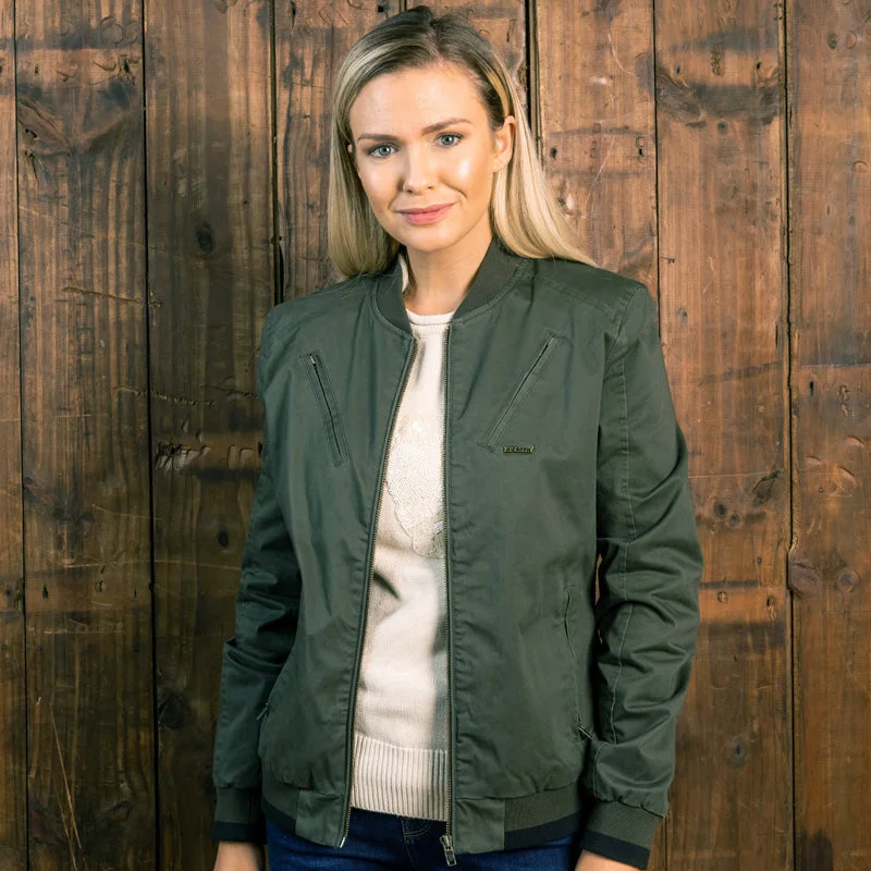 Women's denim jackets with a patchwork design for a bohemian and artsy style Chobe Bomber Jacket Fatigue Women's denim jackets with a patchwork design for a bohemian and artsy style Chobe Bomber Jacket Fatigue