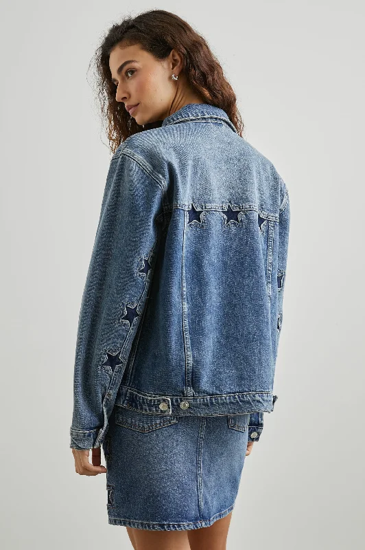 Women's moto jackets with a lace - up front for a unique and stylish touch GROVE BOYFRIEND TRUCKER JACKET - STARRY NIGHT Women's moto jackets with a lace - up front for a unique and stylish touch GROVE BOYFRIEND TRUCKER JACKET - STARRY NIGHT