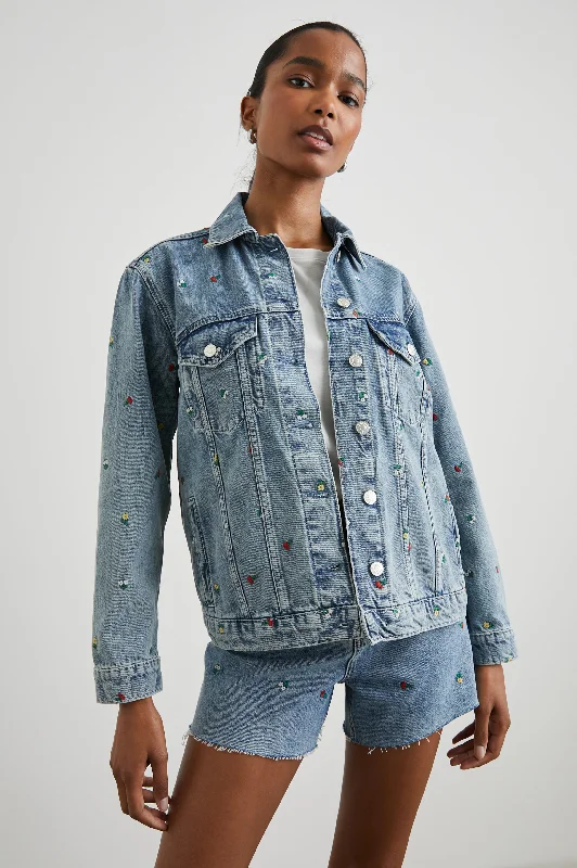 Women's bomber jackets with floral embroidery for a feminine and unique design GROVE BOYFRIEND TRUCKER JACKET - FLOWER FIELD Women's bomber jackets with floral embroidery for a feminine and unique design GROVE BOYFRIEND TRUCKER JACKET - FLOWER FIELD