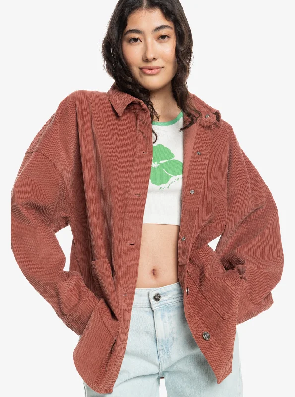Women's bomber jackets with a holographic finish for a futuristic and eye - catching look Kick Back Washed Corduroy Long Sleeve Overshirt - Cedar Wood Women's bomber jackets with a holographic finish for a futuristic and eye - catching look Kick Back Washed Corduroy Long Sleeve Overshirt - Cedar Wood