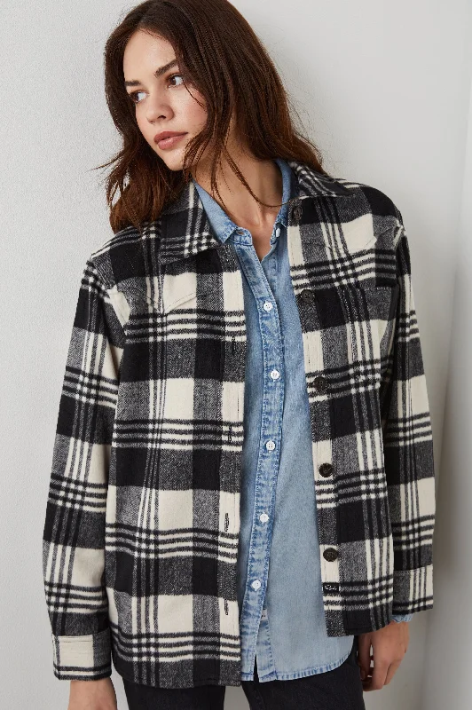 Women's long - line cardigan jackets in a soft knit for a cozy and elegant look TRIPP SHIRT JACKET - OYSTER BLACK Women's long - line cardigan jackets in a soft knit for a cozy and elegant look TRIPP SHIRT JACKET - OYSTER BLACK