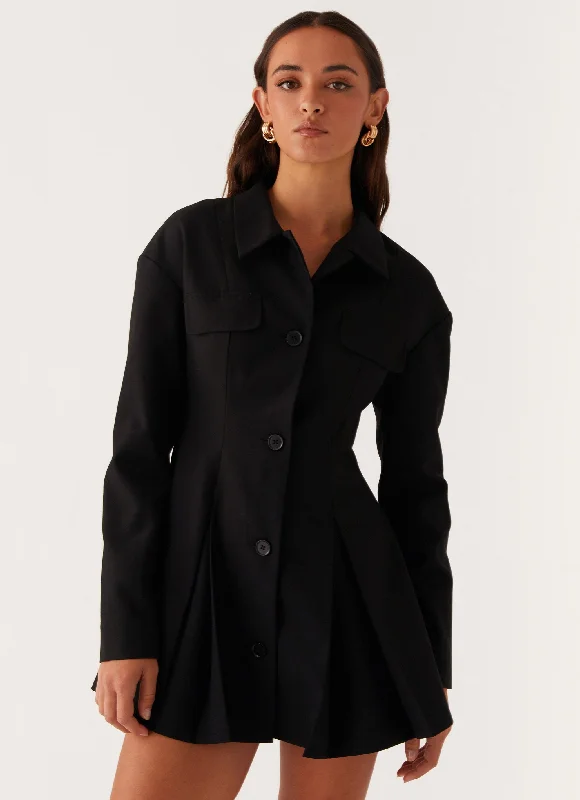 Pleated Women Dress with a Timeless and Elegant Texture Emilia Collared Mini Dress - Black Pleated Women Dress with a Timeless and Elegant Texture Emilia Collared Mini Dress - Black