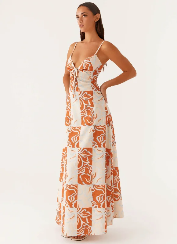 Plus Size Women Dress with a Flattering A - Line Cut for Comfort and Style Flora Linen Maxi Dress - Orange Blue Floral